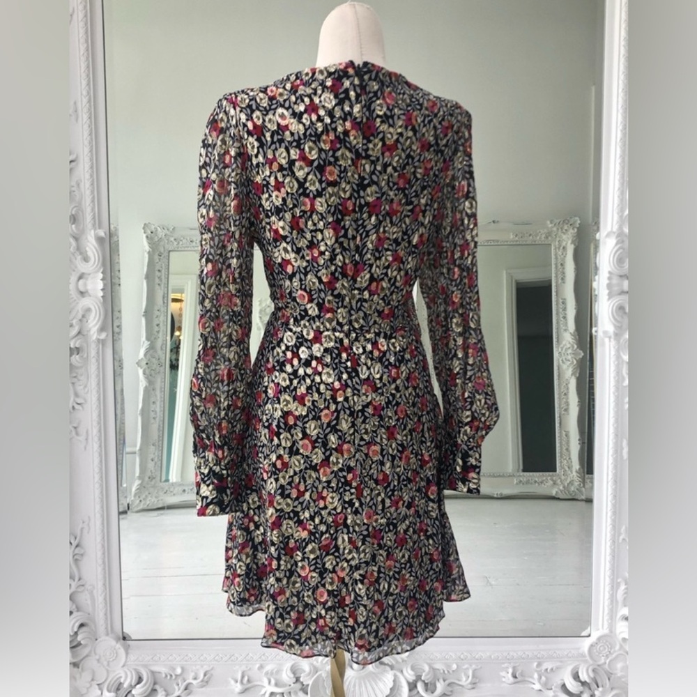 Kate Spade Floral Long Sleeve Dress in Black, Red, and Metallic Silver Sz 6 - Picture 7 of 10
